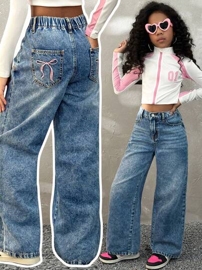 Coolane Tween Girls Fall/Winter,Fashion Preppy,Denim Style,Comfortable Warm/ Cold Weather/ Thermal Size Pink Bow Print Embroidered Casual Washed Jeans,Trick Or Treat,Christmas,New Year Winter