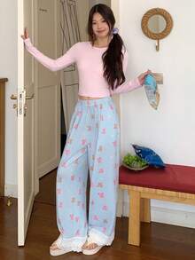 DAZY Pantalones de pijama holgados con estampado de oso en patchwork para mujer