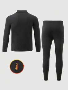 Vacaura 2pcs/Set Teenage Boys' Fleece Crew Neck Long Sleeve T-Shirt And Pants Casual Sports Outfit, Spring/Autumn/Winter - Black - View 2