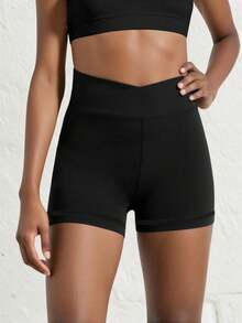 SHEIN Tween Girls Activewear 2pcs/Set Solid Color Casual Minimalist Criss-Cross Waist Shorts, High Stretch Compression Fit For Cycling, Running, Training, Black