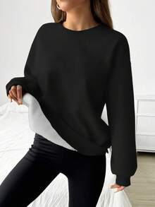 SHEIN EZwear Knitted Black Round Neck Basic Sweatshirt,Long Sleeve Tops In Fall/Winter - Black - View 5