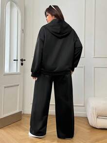 Solflare 大码黑色长袖连帽衫和裤子两件套，秋冬两件套休闲套装女士连帽衫和运动裤套装两件套休闲套装女士舒适两件套 - 黑色 - 查看 3