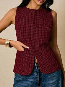 Poéselle 女士时尚通勤格子无袖衬衫 - 紅色 - 查看 2