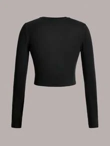 SHEIN Essnce 4 件套休闲纯色撞色装饰圆领长袖短款修身 T 恤，适合女士春秋季 - 彩色 - 查看 3