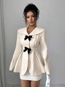 Selianne Áo khoác nữ cổ xanh navy tay dài ôm eo trang trí nơ viền bất đối xứng thanh lịch tinh tế thời trang thu đông - Màu be - Xem 6