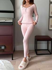 DAZY Women's Contrast Trim Polka Dot Print Brushed Pajama Set, Autumn/Winter, Fall Clothes - Pink - View 7