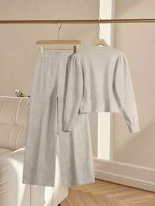 Franclia 2pcs/Set Women Casual Loose Knit Sweater & Pants Loungewear Set, Comfortable & Minimalist Design