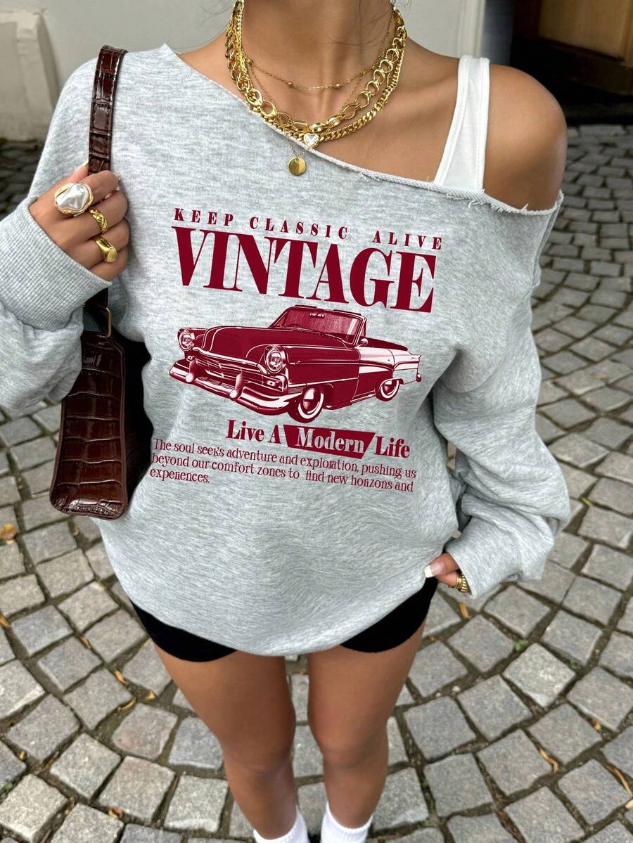 SHEIN EZwear Áo nỉ in hình xe hơi cổ điển màu đỏ tía phong cách đường phố tối giản giản dị dành cho nữ, phù hợp cho mùa thu/đông - Xám - Xem 1