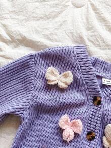 SHEIN Vintaside Kids Áo khoác cardigan dệt kim 3D nhiều màu thoải mái cho bé gái, đa năng cho mùa xuân, thu, đông, thích hợp mặc hàng ngày, trong nhà, ngoài trời và du lịch, đi học - Màu tím - Xem 5