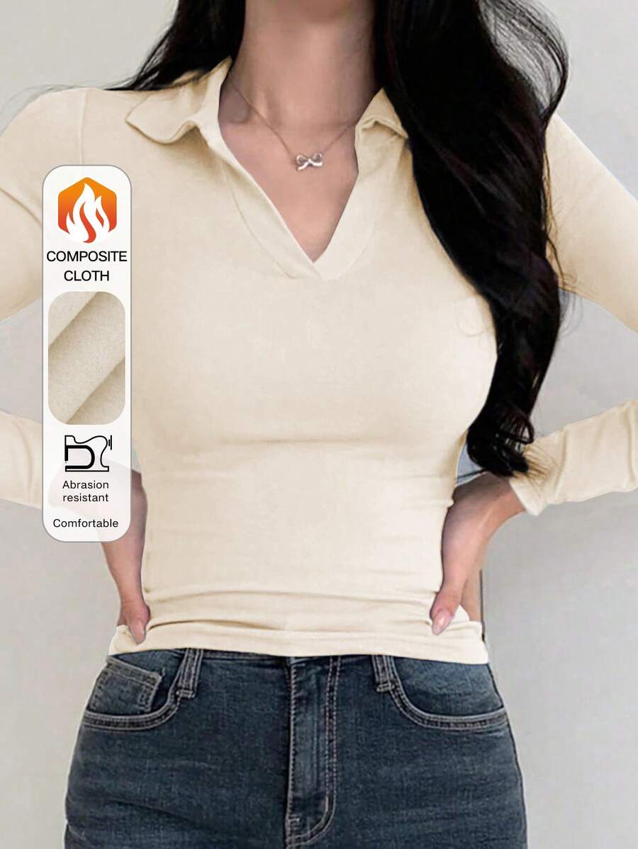 DAZY 女式休闲纯色保暖内衬高领 T 恤，秋冬 - 白色 - 查看 1