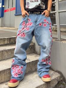 ROMWE MEN Grunge Punk 男士花卉刺绣口袋阔腿宽松休闲牛仔裤 - 藍色 - 查看 4