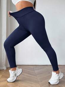 SHEIN CURVE+ Quần legging giữ nhiệt dày lót lông màu đen cỡ lớn cho mùa đông - Màu xanh hải quân - Xem 3