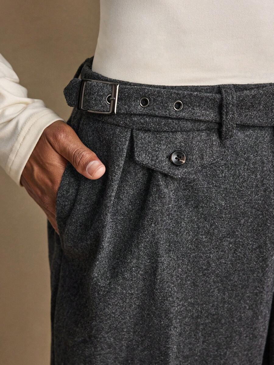 AKNOTIC Quần âu nam dáng rộng có thiết kế khóa thắt lưng và túi - Xám - Xem 1