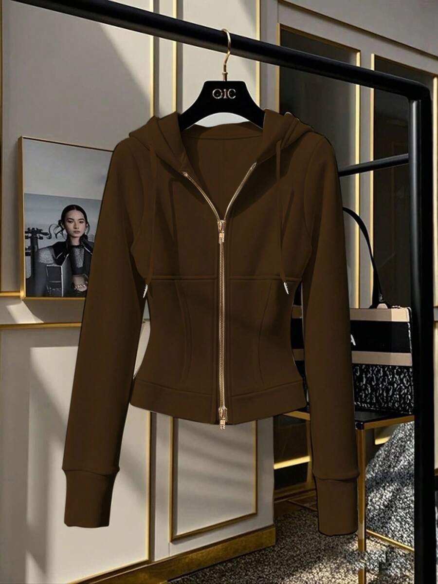 GlowEve Áo nỉ dài tay màu trơn dành cho nữ, kiểu dáng thường ngày, có khóa kéo phía trước và dây rút. - Cà phê nâu - Xem 1