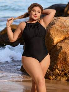 Swim Lushoire Đồ bơi liền thân màu trơn nhún bèo cỡ lớn, thích hợp cho kỳ nghỉ biển mùa hè của phụ nữ - màu đen - Xem 3