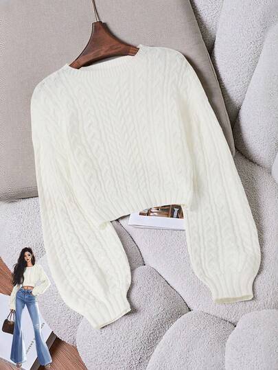 SHEIN Franclia Suéter de mujer casual, de moda, joven, minimalista y versátil para ir al trabajo, con cuello redondo, manga farol con cuerda retorcida, para otoño/invierno