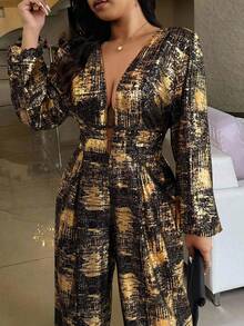 Cravure Christmas Plus Size Women's Foil Hollow Out Waist Jumpsuit, Autumn/Winter