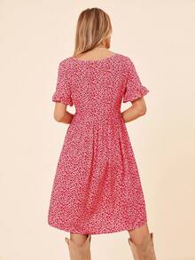 Coeurva Women's Ditsy Floral Round Neck Puff Sleeve Ruffle Hem Dress, Spring/Summer - Red - View 5