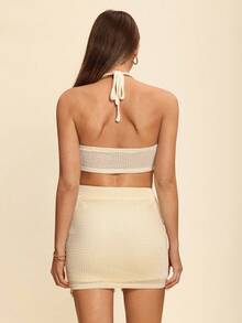 Coeurva 夏季波西米亚风流苏边露背吊带上衣和紧身裙两件套 - 杏色 - 查看 5