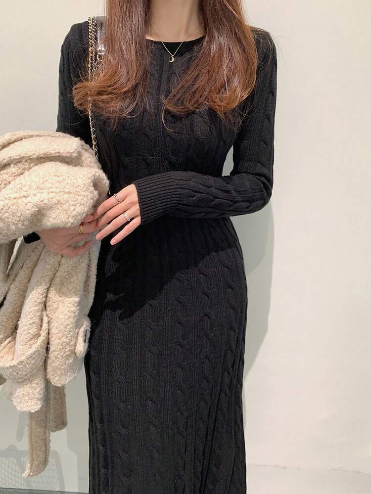 Cable Knit Long Sleeve Crew Neck Fitted Sweater Dress For Women, High-Quality Autumn/Winter Layering