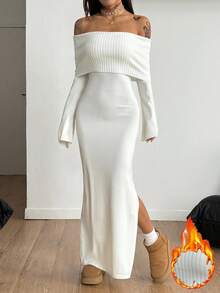Coolane 女士秋冬外出街头服饰休闲简约基本款日常穿着必备毛绒弹性舒适纹理温暖米色紧身胸衣长袖露肩翻领长裙 - 白色 - 查看 5