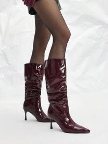 Mnmlis Stivali alla caviglia da donna colore rosso vino, moda versatile con tacco sottile/spesso, tacco alto, punta affusolata, stivali alti fino al ginocchio, adatti per autunno/inverno - Bordò - Visualizzare 4