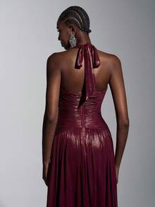 Elitara Elegant And Gorgeous Wine Red Fine Glitter Gold And Silver Thread Handmade Pleated Decoration Neck Suspenders Twisted Waist Decoration A-Line Belt Extra Long Piece Tail Suitable For Parties, Dates, Happy Holidays, Weddings, Formal Occasions Dinner Dress (Heavy Style) - Burgundy - View 6