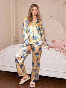 SweetSlumber 可爱动物印花女士睡衣套装，长袖衬衫和裤子，秋季服装 - 黃色 - 查看 4