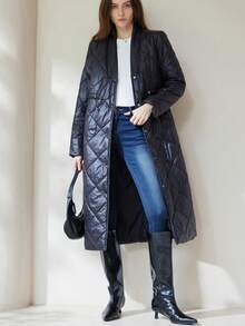 Aveloria Modichic Cinched Waist Mid-Length Solid Color Jacket, Versatile For Autumn/Winter - Black - View 3