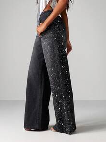 MISSGUIDED 女式高腰阔腿牛仔裤，饰有闪亮水钻 - 深灰色 - 查看 5