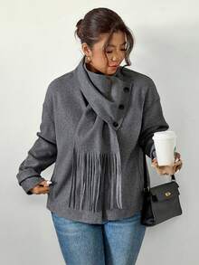 Firerie Abrigo gris holgado de cuello en V talla grande, adecuado para el Día de San Valentín, conciertos, actuaciones, citas, cenas formales, galas, elegante, ir al trabajo, volver al colegio, vacaciones, playa, romántico, estilo oficina, estilo sirena, fiesta de cumpleaños. Abrigo gris de invierno para mujer, chaqueta gris, chaqueta con flecos grises - Gris - Ver 3