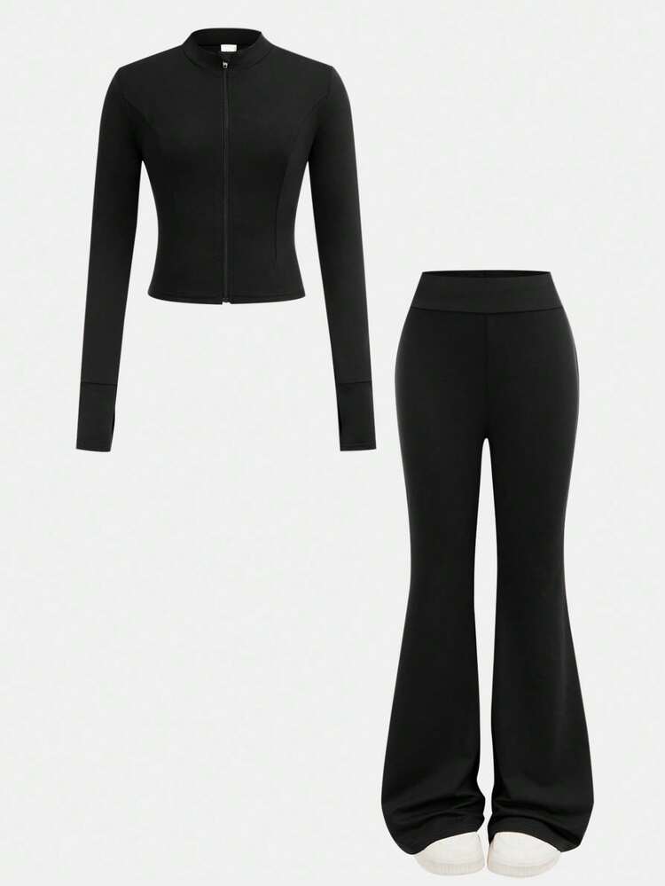 Conjunto de 2 piezas para niñas preadolescentes con top de manga larga de unicolor y pantalones acampanados, adecuado para otoño/invierno, uso diario - Negro - Añade 2