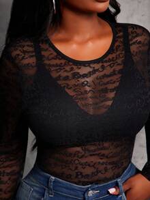 SHEIN SXY Plus Size Women's Sexy Street Letter Pattern Transparent Mesh Black Tight And Sexy Long-Sleeve Bodysuit (No Bra)/Fall/Winter