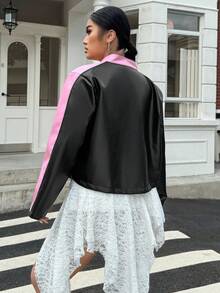 Muchica Plus Size Women Black & Pink Color Block Jacket, Autumn/Winter Y2k Jacket Women Jacket Racing Jacket Pink And Black Jacket Crop Top Jacket - Pink - View 5