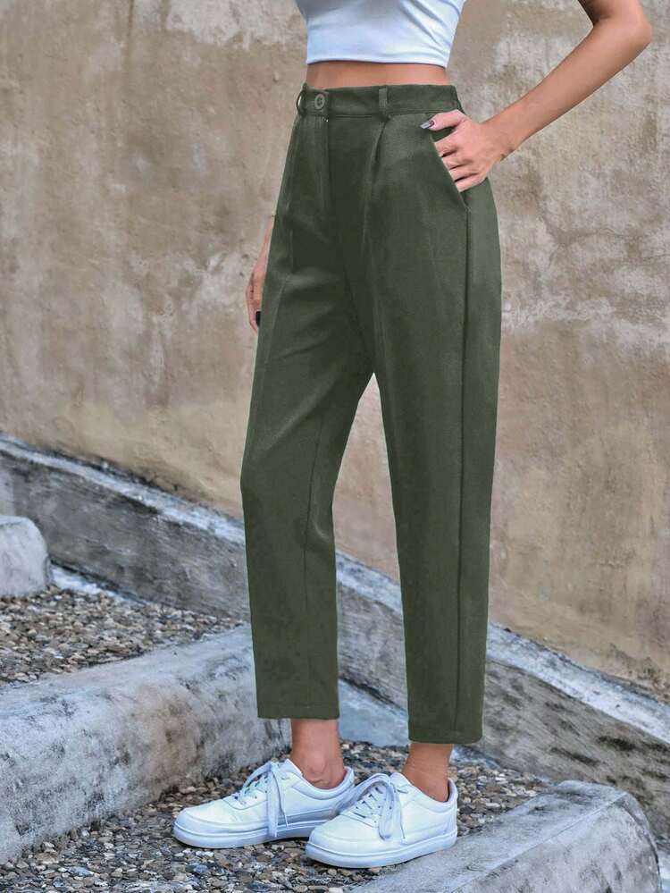 EURMUSE 97% Cotton Ladies' Solid Color Suit Pants Olive Green Pants Women Casual Pants Green Pants For Women High Waist Pants Woman - Olive Green - View 4