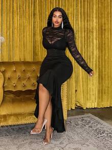 Veslaya Vestido ajustado de manga larga, transparente y con encaje en negro, con bajo de sirena elástico, ideal para fiesta, club, baile de graduación, reunión o cita. Nuevo lanzamiento de otoño/invierno 2025 para mujer de talla grande - Negro - Ver 7