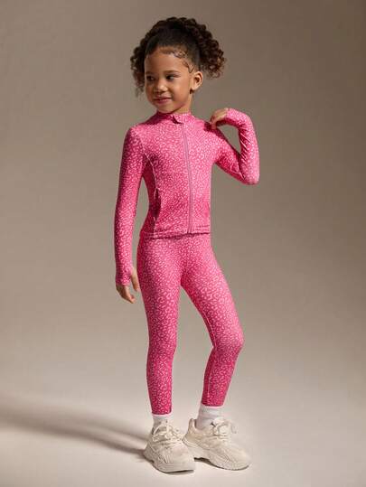 SHEIN 2pcs/Set Young Girls' Fuchsia Leopard Print Active Jacket & Leggings Set, High Stretch Comfortable Fabric, Slim Fit, Suitable For Running, Fitness, Tennis, Badminton