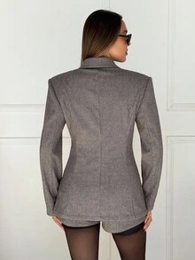 SHEIN EZwear Plaid Double-Breasted Cinched Waist Jacket & Shorts Suit Set, Autumn/Winter,Business Casual Woman - Multicolor - View 2