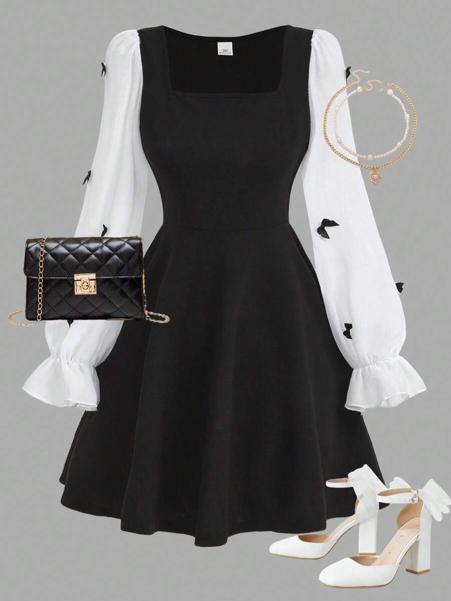 Girlism Váy tay lỡ họa tiết bướm đen trắng thanh lịch cho bé gái tuổi teen - Đen và trắng - Xem 1