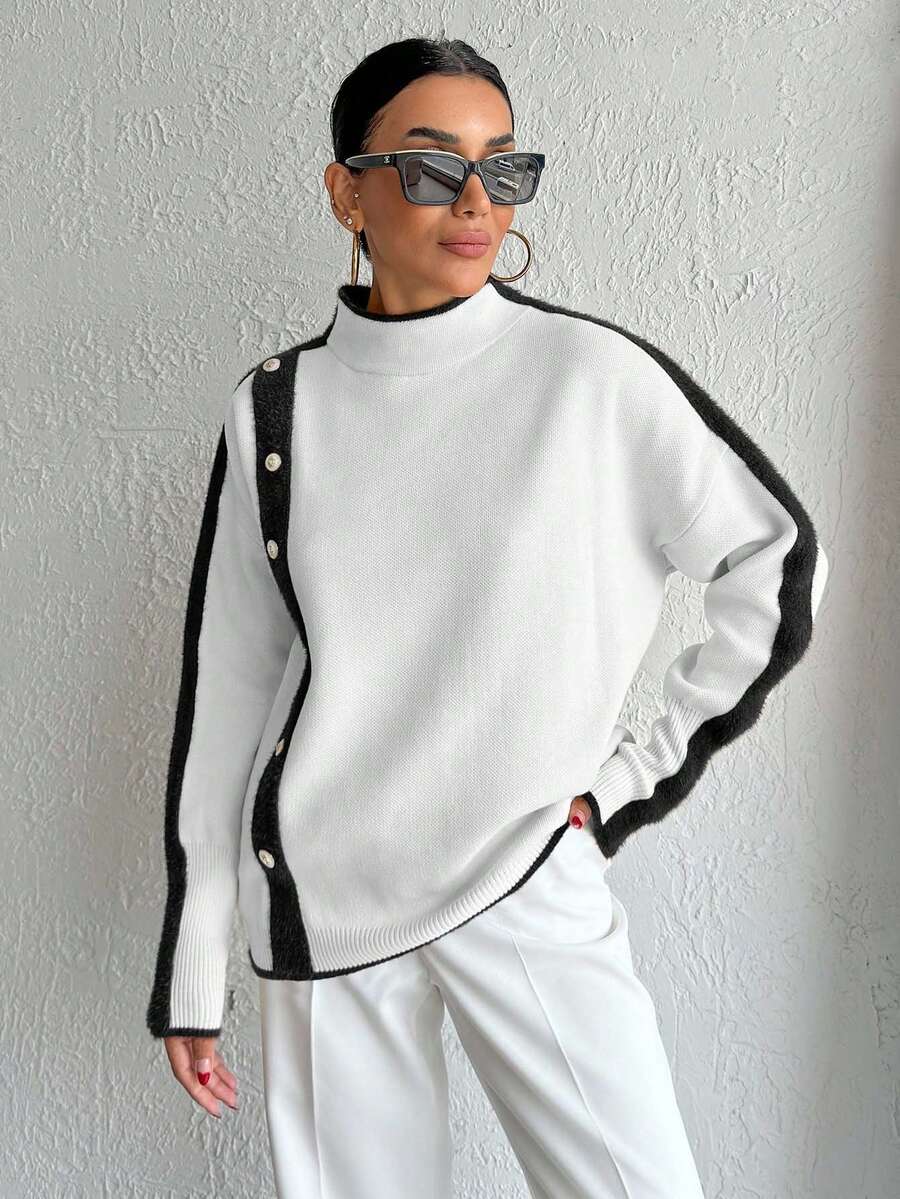 EURMUSE Casual Color Block Stand Collar Sweater, Autumn/Winter - White - View 1