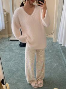DAZY V-Neck Loose Knit Long Sleeve Top & Pants 2 Pieces Lounge Set For Women, Casual Loungewear For Autumn/Winter, Cozy Outfit Thermal Lined Clothes - Pink - View 5