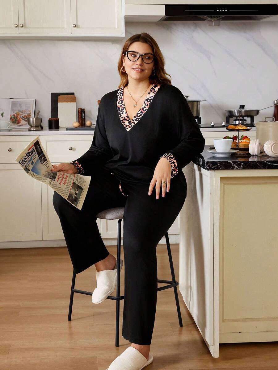 SHEIN Leopard Print Contrast Color Block V-Neck Long Sleeve Lightweight Plus Size Women Pajama Set, Autumn/Winter, Fall Clothes