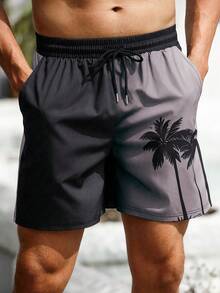 Manfinity Swimmode Men's Swim Trunks, Hawaii Holiday Coconut Tree Ombre 3D Printed Casual Outdoor Beach Shorts, Drawstring Waistband, Single Layer Without Lining, Perfect For Casual, Vacation, Beachwear Men Swim Trunks, Hawaiian