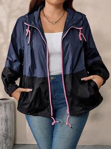 EMERY ROSE Plus Size Women's Color Block Hooded Drawstring Zip Up Casual Jacket Fall Winter Cloth For Women Autumn - Multicolor - View 3