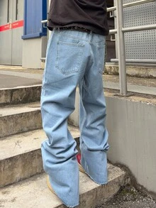 ROMWE MEN Grunge Punk Jeans con pierna acampanada y bordado para hombres - Celeste - Ver 3