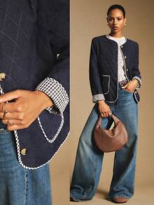 Poéselle 女式格子袖口圆领单排扣休闲冬季夹克