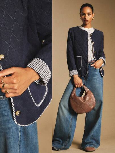 Poéselle 女式格子袖口圆领单排扣休闲冬季夹克