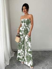 SHEIN Elenzya Women's Printed Bandeau Jumpsuit With Cinched Waist And Wide Leg, Elegant For Vacation, Daily Commute - Army Green - View 7