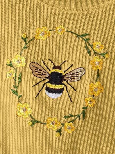 Fairycore Pull décontracté à manches longues avec épaules tombantes, brodé de fleurs et d'abeilles, pour femmes. Automne/Hiver