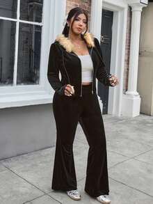 SHEIN EZwear Plus Size Casual Hooded Sweatshirt And Pants Two Pieces Set, Autumn,Fall /Autumn/Winter,Christmas,New Year,Thanksgiving,Party,Wedding,Beach,Elegant,Casual,Going Out,Date,Appointment,Commute